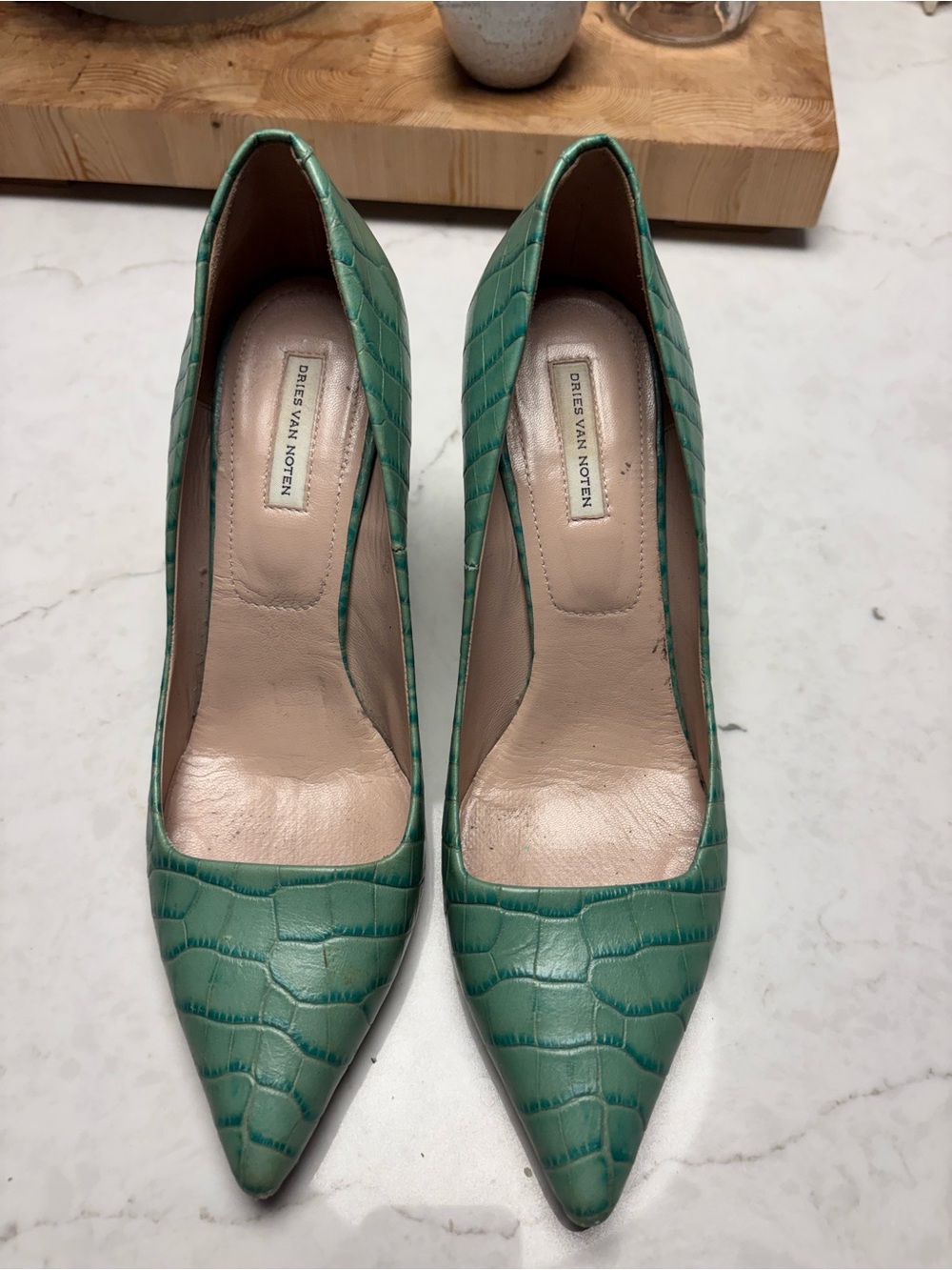 Dries Van Noten Teal Croc-Embossed Pointed-Toe Pumps